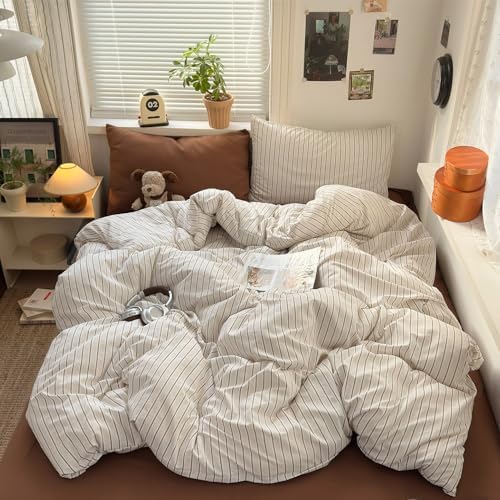 Vintage Striped Duvet Cover King, 3-Piece Beige & Brown Stripes