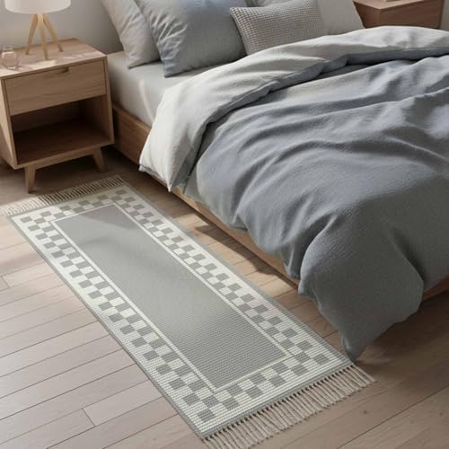 Grey Geometric Hallway Runner Rug 2'x5', Modern Abstract Art Plaid