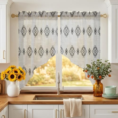 Grey Boho Swag Curtains 45 Inch Length 2 Panels Set, Western Ethnic