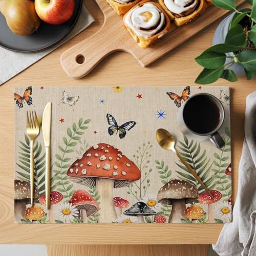 Placemats Set of 8, Spring Mushrooms Woven Placemat, Linen Place Mats