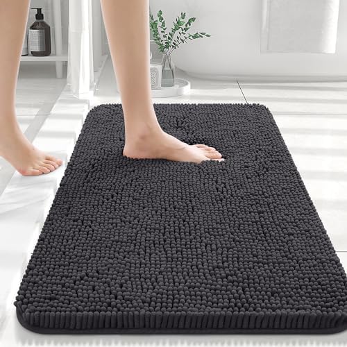 OLANLY Chenille Bathroom Rugs, Bath Rug Size 30x20+24x16 in Dark Grey