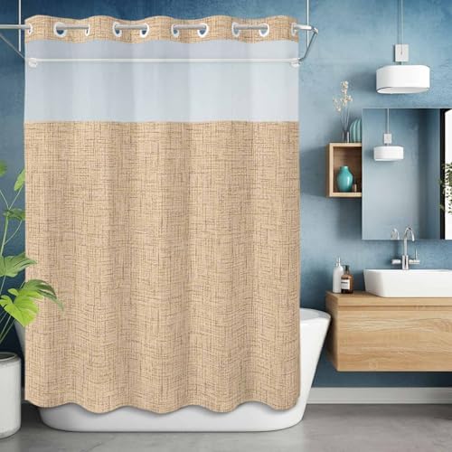 Light Tan Linen Weave No Hook Shower Curtain with Snap in Liner