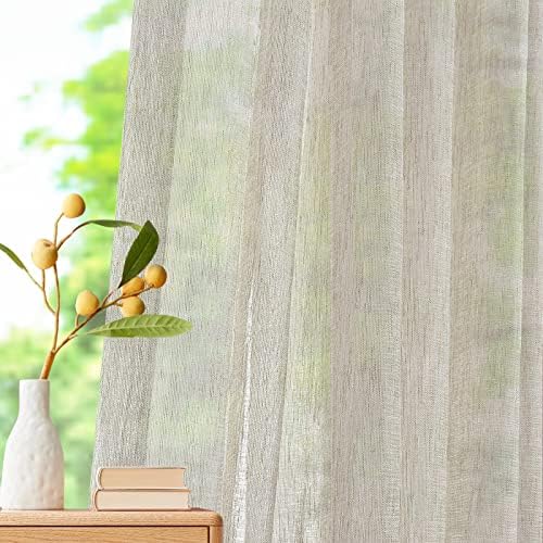 Beige Sheer Curtains 108 inches Long, Pinch Pleated Faux Linen Window