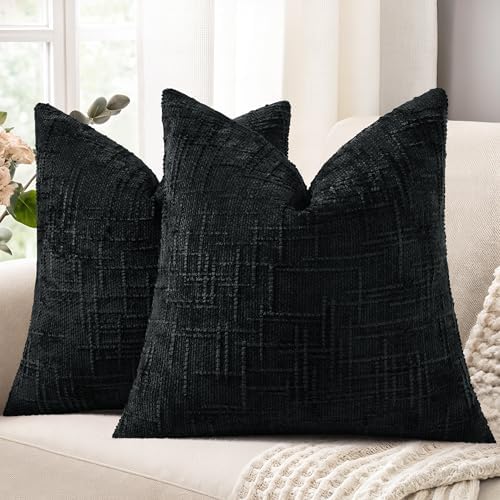 decorUhome Textured Chenille Throw Pillow Covers 18x18 Set of 2 Black