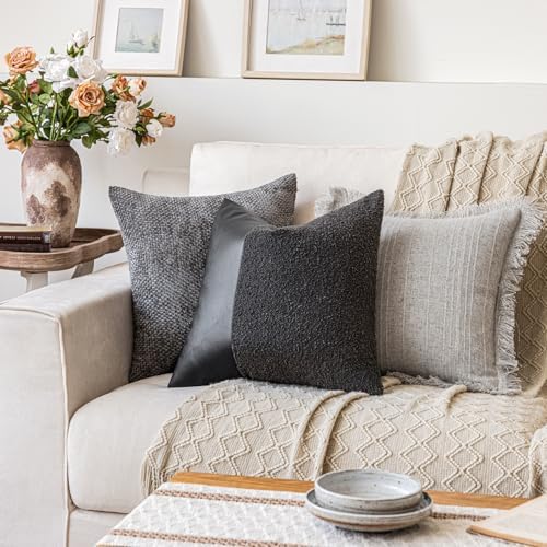 Set of 2 Fluffy Boucle Pillow Covers 18"x18", Charcoal Black Textured