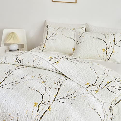 Quilt Set King Size Cream White with Black Branch Bedding Set 88x88