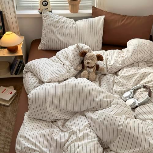 Vintage Striped Duvet Cover King, 3-Piece Beige & Brown Stripes