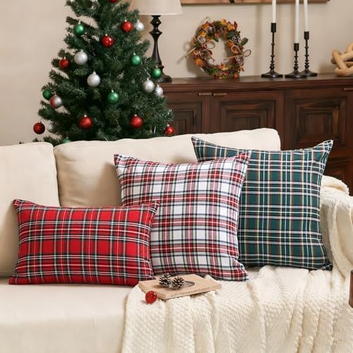 Green Christmas Tartan Plaid Decor Throw Pillow Covers 18x18 Set of 2