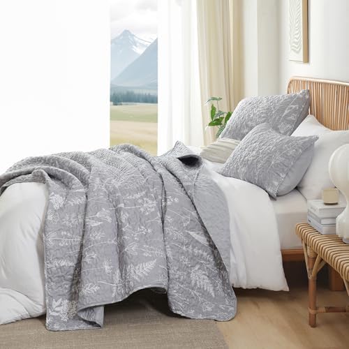 JANZAA Quilts Queen Size, Grey Qulit Set Bedspread Floral Bedding Set