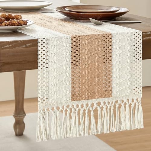 ZeeMart Macrame Style Bicolor Stitching Table Runner 14x36in Beige