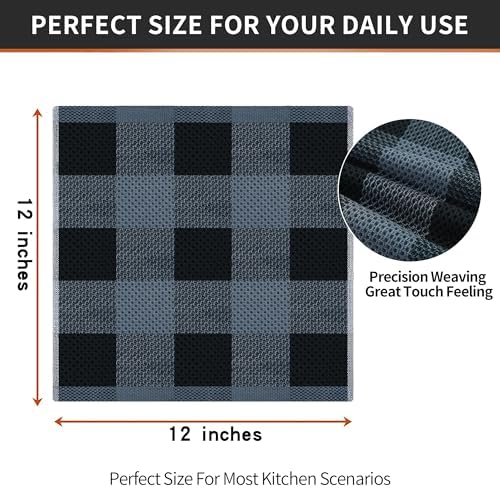 Homaxy 100% Cotton Check 12 Pack Dish Cloths, 12" x 12", Black & Grey