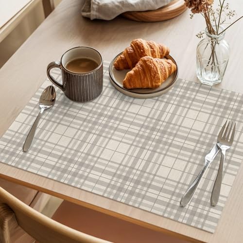 Round Placemats Set of 12 Industrial Checked Place Mats Neutral Gray