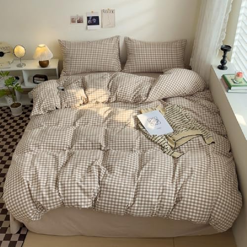 DONEUS Tan Gingham Duvet Cover Set Queen Size Bedding Set 100% Washed