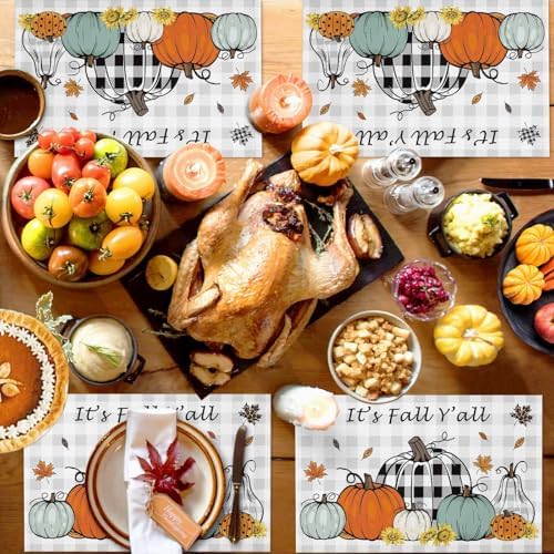 Placemats Set of 8, Thanksgiving Fall Pumpkin Maple Leaf Washable