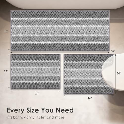 ArtyCozy Chenille Bathroom Rugs 3 Pieces, Grey, 17"×24", 20"×48"