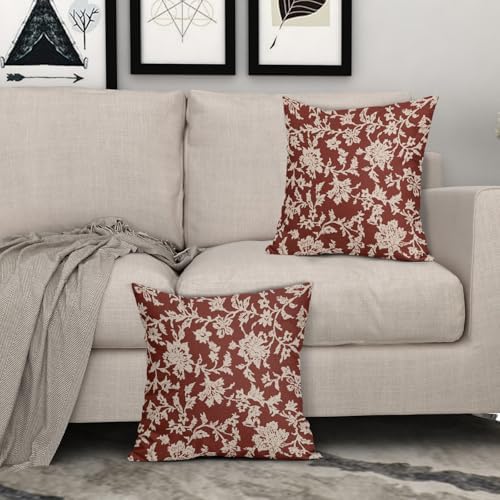 Rustic Red Floral Pillow Covers 18x18 Set of 2 Brown Cream Vintage