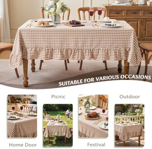 Gingham Ruffled Tablecloth Rectangle Cotton Style, Taupe 52x70