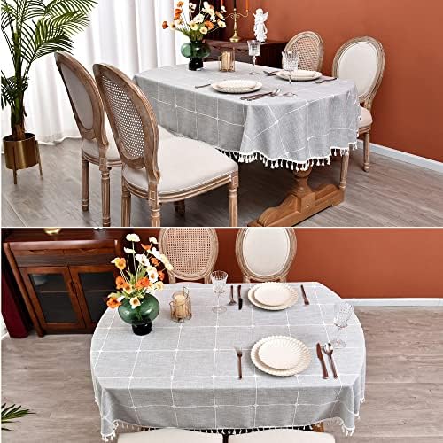 Plaid Farmhouse Gray Oval Tablecloth Cotton Linen Heavy Weight