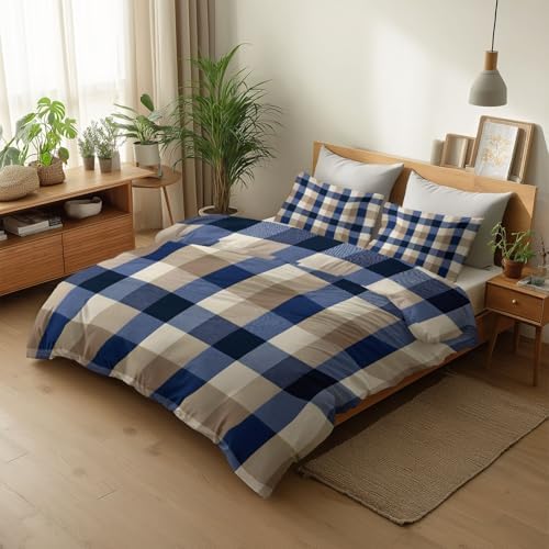 Minimalist Style Reversible Duvet Cover Set King Size, Geometric Grid