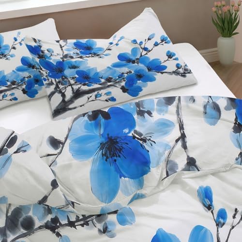 Light Gray Duvet Cover Set King Size, Plant Minimalist Branch Blue