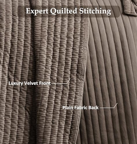 WDCOZY Velvet King Size Quilt Set - Beige Striped Soft Lightweight