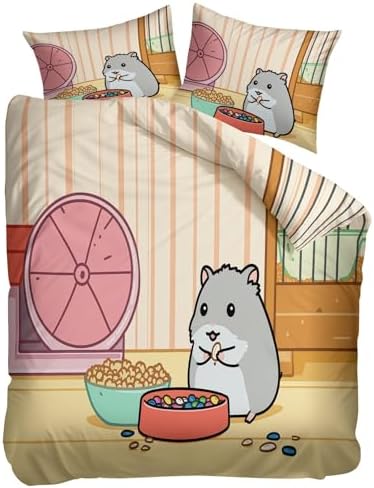 King Duvet Cover Set Cartoon Hamster Sunflower Seed Lines Bedding with