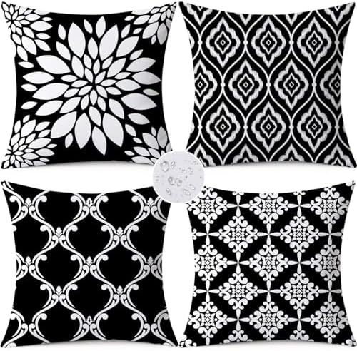 Outdoor Waterproof Throw Pillow Covers 18x18 Set of 4 Black and White