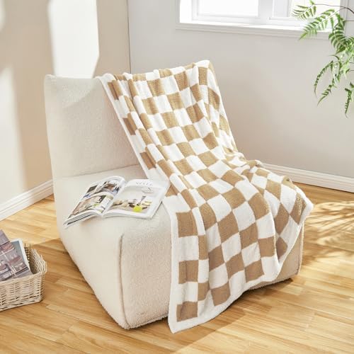 CozeCube Beige White Reversible Checkered Knit Throw Blanket 50"x60"