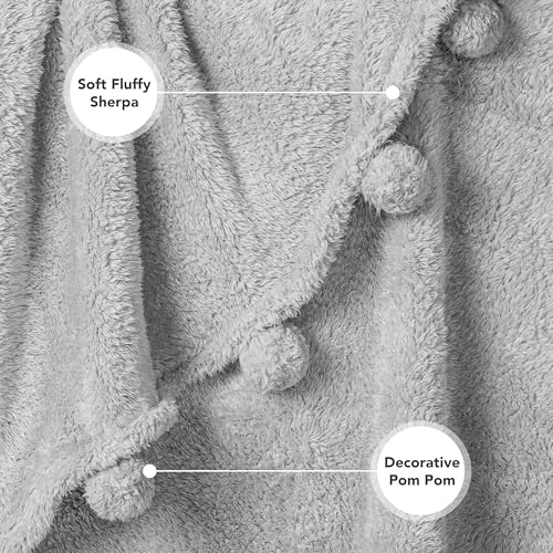 PAVILIA Soft Sherpa Twin Blanket Pom Pom for Couch Bed, Light Gray