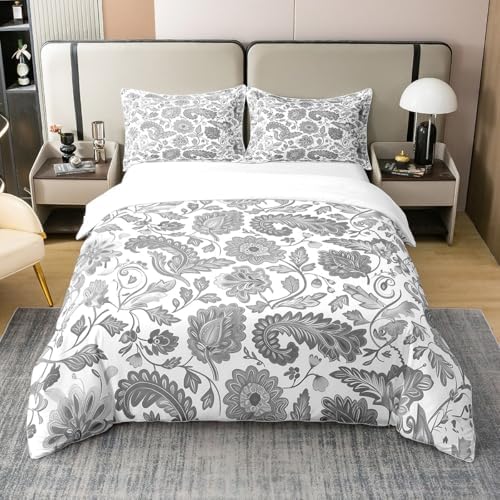 100% Cotton Gray Flowers Queen Duvet Cover Watercolor Retro Baroque