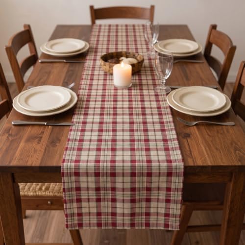 Solino Home 100% Pure Linen Table Runner Plaid, Almond Plaid