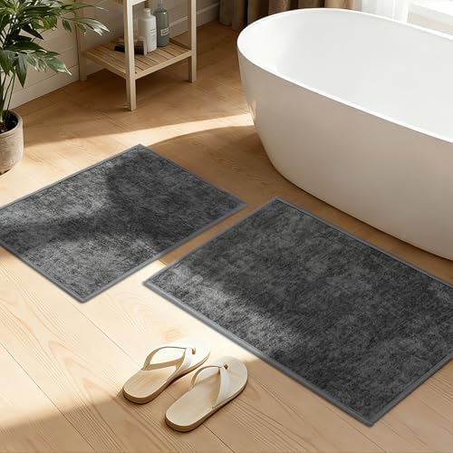 YIHOUSE Dark Gray Bathroom Rugs Sets 2 Piece, Ultra Thin Bath Mat