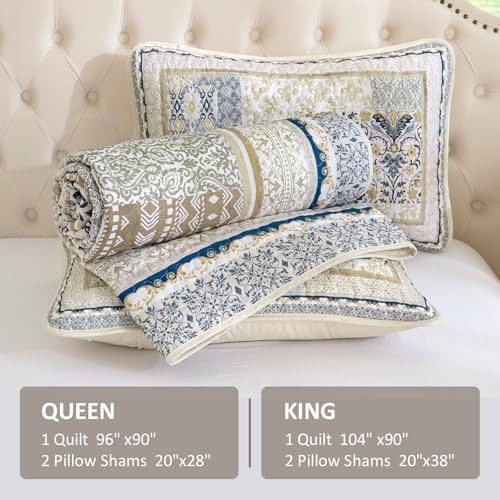 WONGS BEDDING Boho Quilt Set Queen, 3 Pcs Beige Patchwork Bedspread