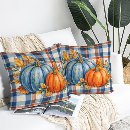 Plaid Home Accent Pillow Covers 22x22 Inch Set of 2 Linen for Fall