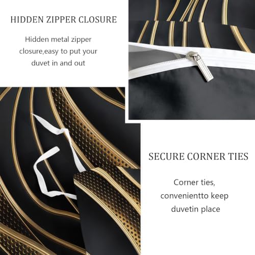 King Duvet Cover Set Soft Microfiber Abstract Golden Lines