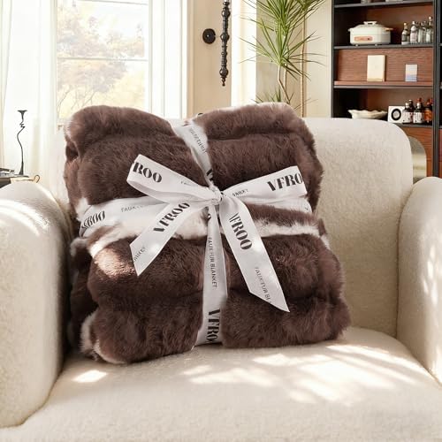 VFROO Faux Rabbit Fur Throw Blanket, Plush Fuzzy Blanket, 60" × 80"