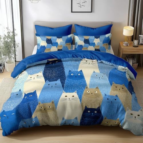 King Duvet Cover Set Soft Microfiber Cat Pattern Blue