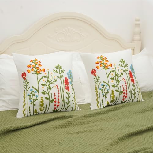 Embroidered Throw Pillow Covers 18x18 Set of 2 with Zipper, Flower