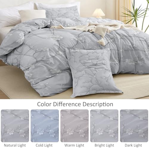 Light Gray Duvet Cover King - Ink Painting Flowers Plants Vines