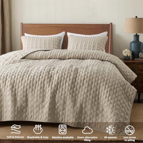 Beige Quilt King Size Bedding Sets with 2 Pillow Shams, Lightweight