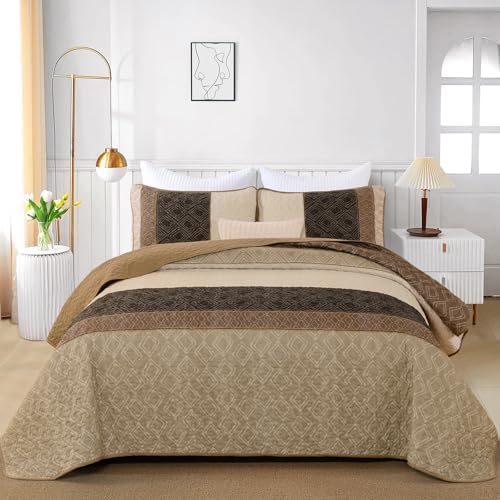 Cottolester Light Brown King Quilt Set,3 Pcs Boho Striped Plaid