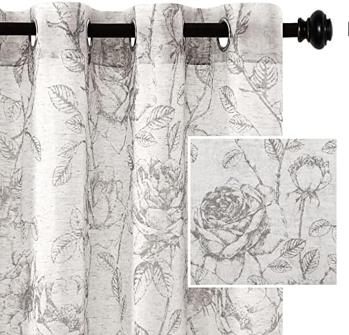 H.VERSAILTEX Boho Floral Linen Curtains, Semi Sheer Light Filtering