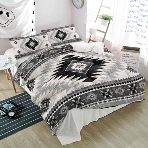Duvet Cover Set Full, Black Grey Aztec Bohemian 3 Piece Bedding Set