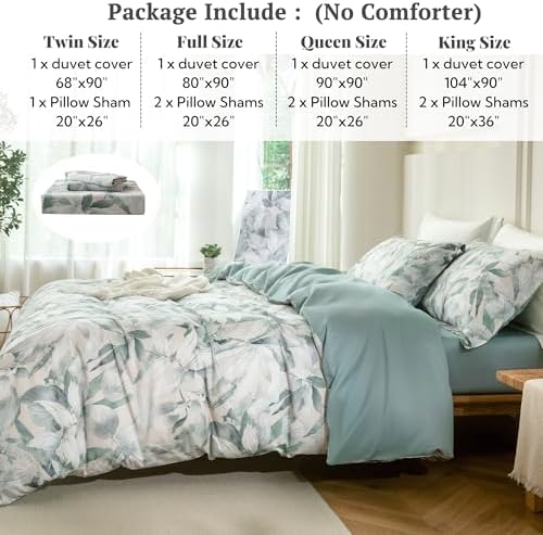MILDLY Sage Green Leaves Duvet Cover Set 3pcs for All Season Queen