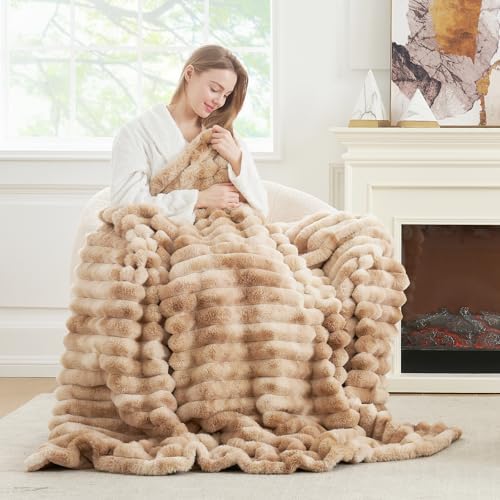 Cozy Bliss Faux Fur Throw Blanket for Couch, Cozy Warm Plush Striped