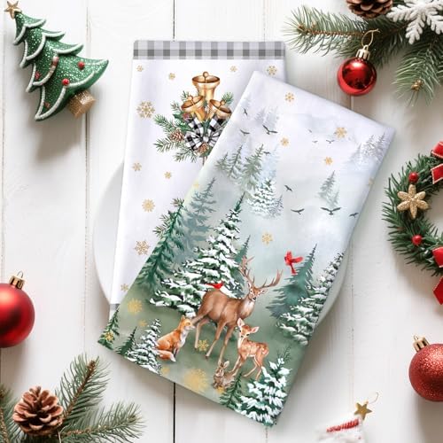 Winter Woodland Deer Tea Towels Set of 4, 100% Cotton