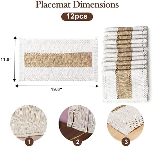 Garvee Boho Crochet Tassel Placemats Set of 12, Linen-Cotton Macrame