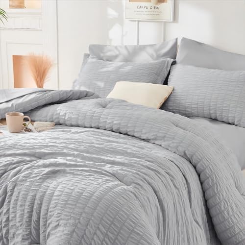 Duvet Cover Full Size, Seersucker Bedding Set, 3 Pieces, Light Grey