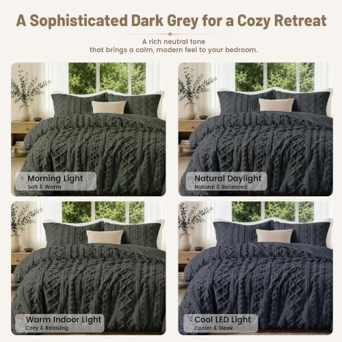 Maple&Stone Boho Duvet Cover Queen, Dark Grey Tufted 3-Piece Set