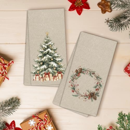 Christmas Tree Wreath Kitchen Towels, Rustic Vintage Neutral Winter